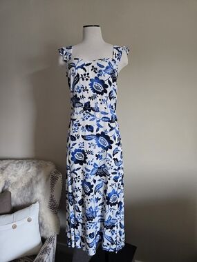 LOFT White Maxi Dress with Blue Floral Print and Square Neck